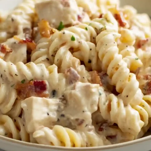 Close-up of creamy chicken bacon ranch pasta with rotini, crispy bacon bits, and ranch sauce