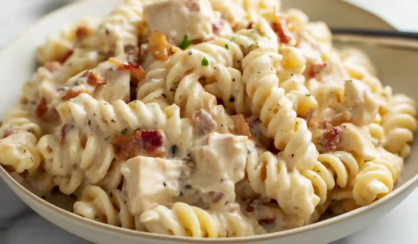 Close-up of creamy chicken bacon ranch pasta with rotini, crispy bacon bits, and ranch sauce