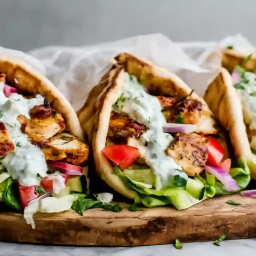 Chicken gyros wrapped in pita bread with grilled chicken, tzatziki sauce, tomatoes, cucumbers, and red onions