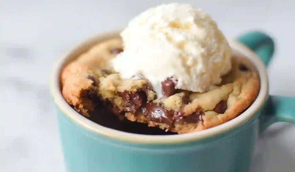 Chocolate chip cookie in a mug with melted chocolate center and vanilla ice cream on top