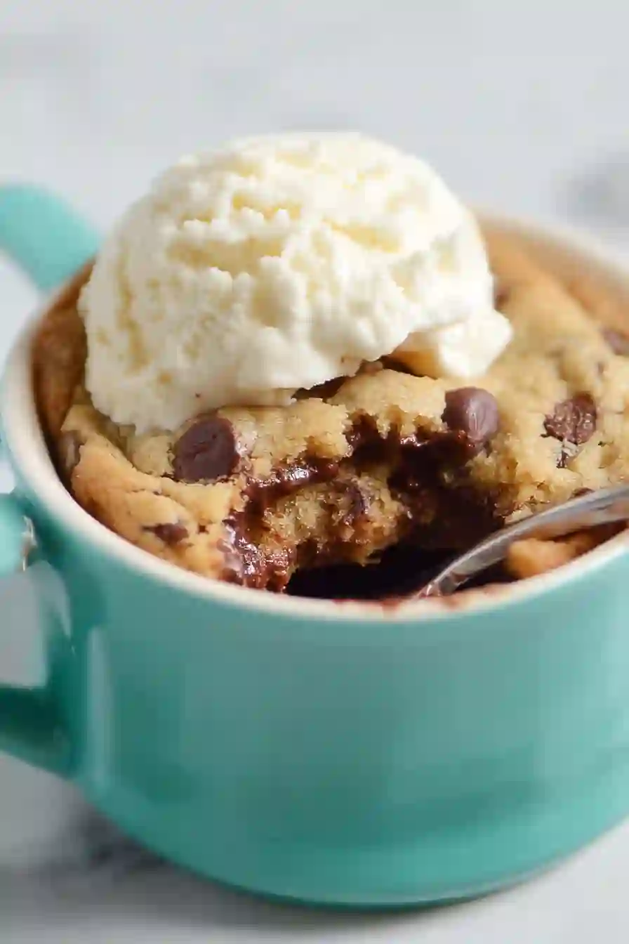 Gooey chocolate chip cookie in a mug with melted chocolate and vanilla ice cream