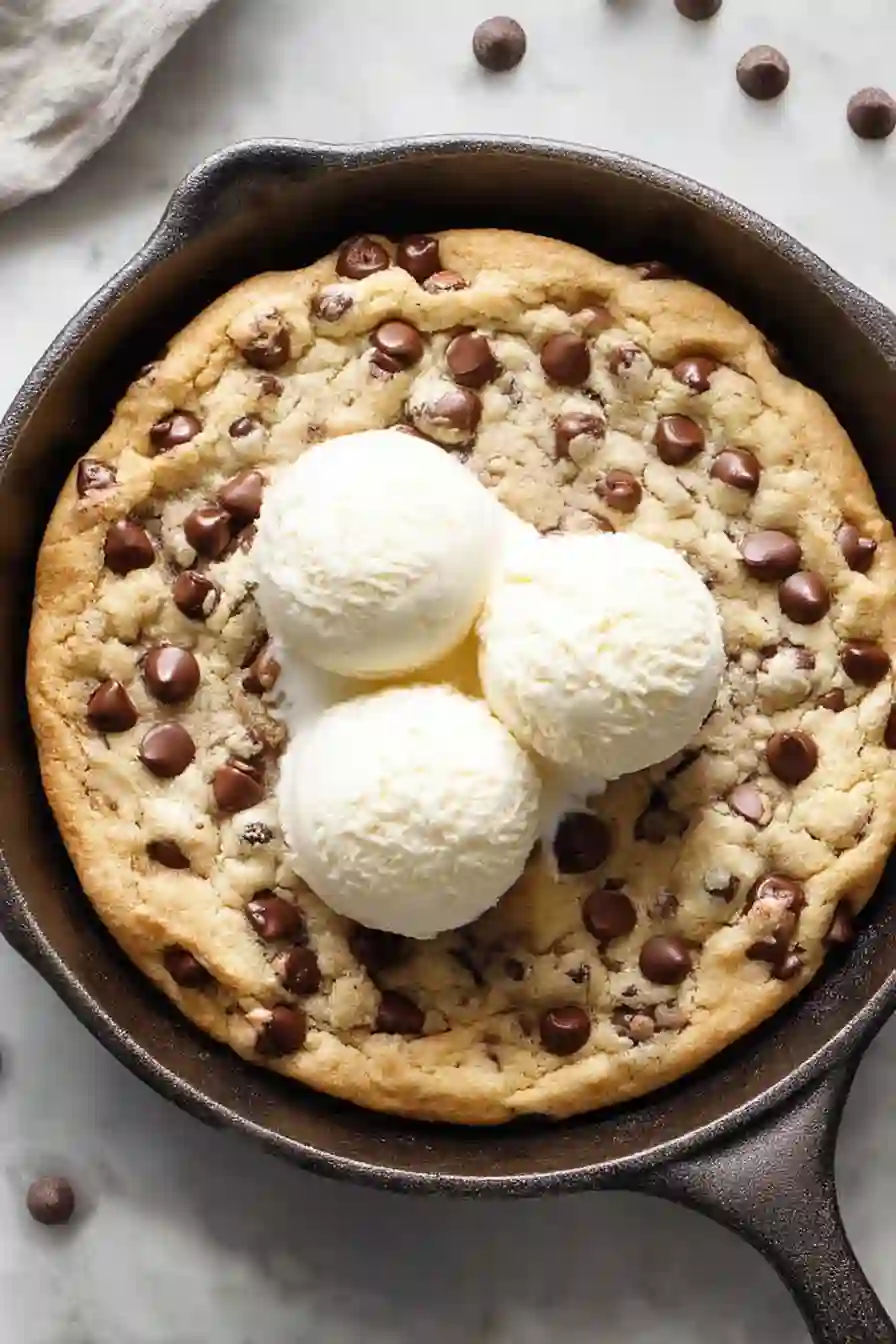 Chocolate chip skillet cookie with vanilla ice cream photographed in a cast iron pan