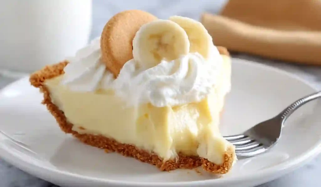 Slice of banana cream pie topped with whipped cream and banana slice on a white plate