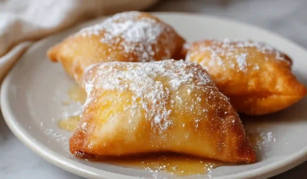Golden fried sopapillas dusted with powdered sugar and drizzled with honey on a plate