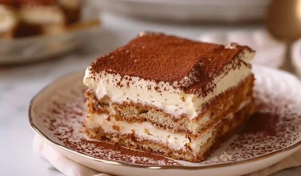 Close-up of a classic Italian tiramisu slice with cocoa-dusted top and creamy mascarpone layers