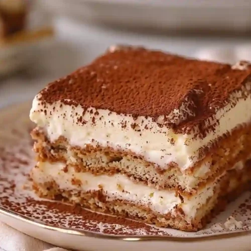 Close-up of a classic Italian tiramisu slice with cocoa-dusted top and creamy mascarpone layers