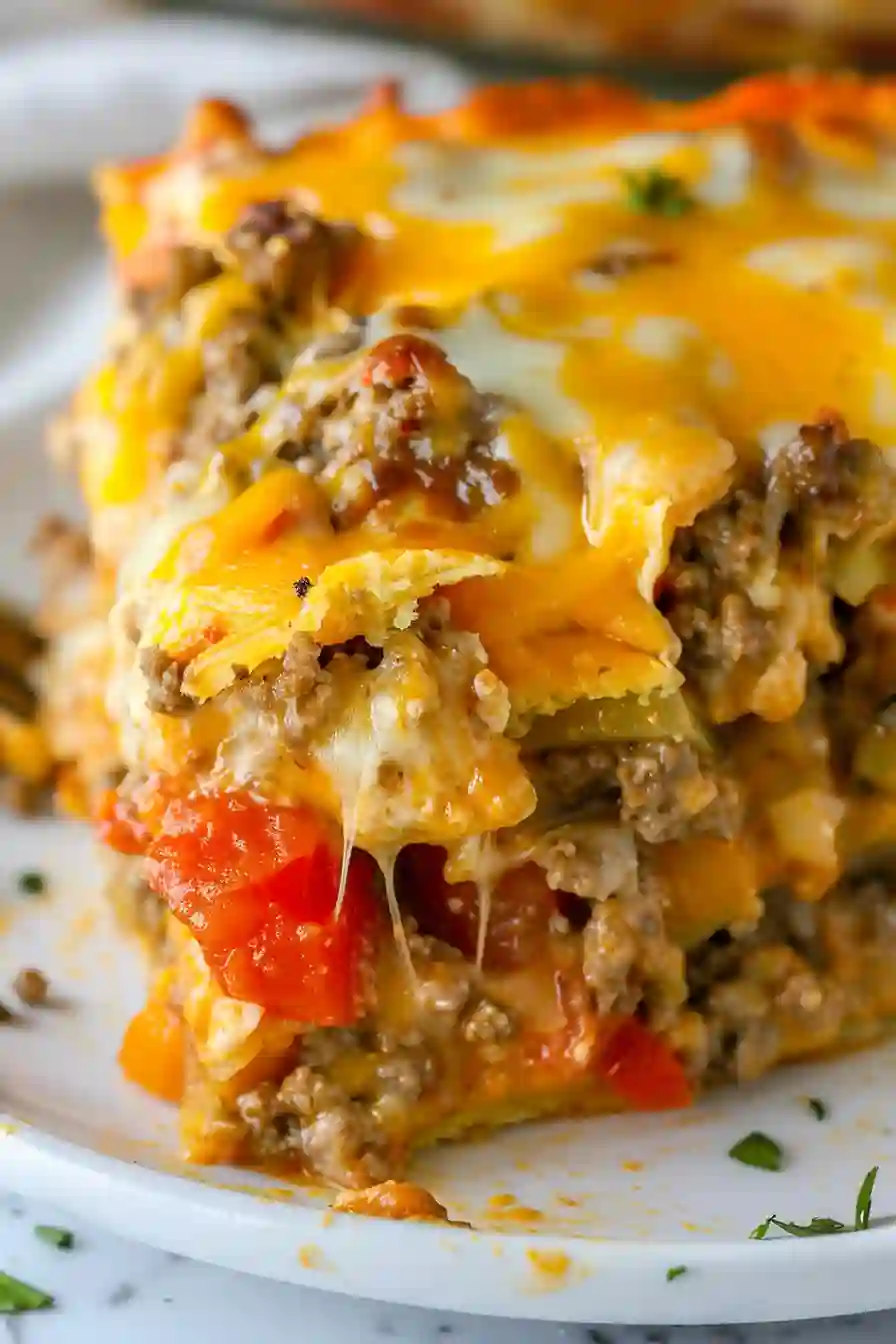 John Wayne Casserole – A Cozy, Protein-Packed Family Dinner Favorite 2 Close-up vertical image of John Wayne casserole with melted cheddar cheese and ground beef layers