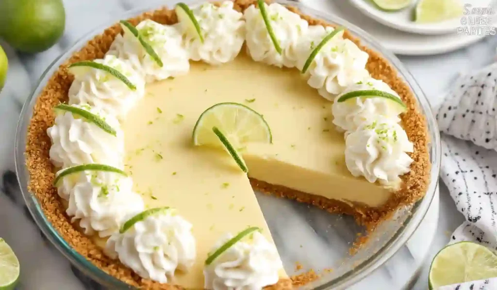 Classic key lime pie in a glass pie dish with whipped cream rosettes and lime slices, one slice removed