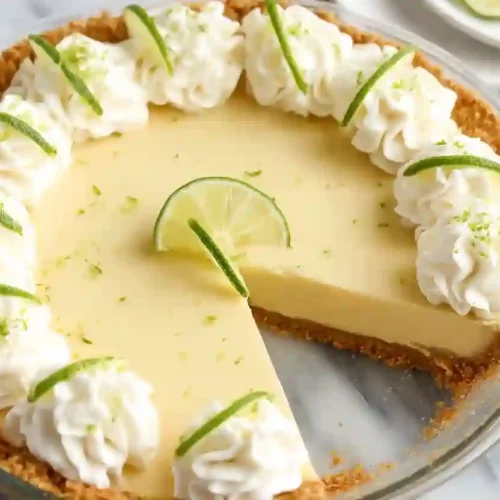 Classic key lime pie in a glass pie dish with whipped cream rosettes and lime slices, one slice removed