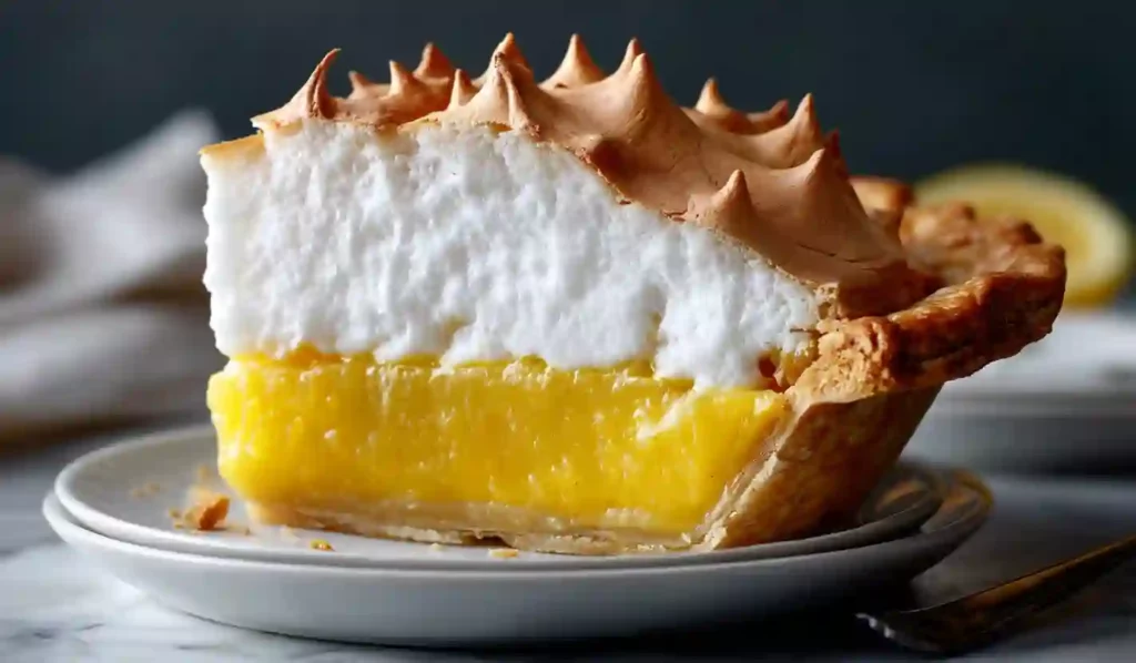 Close-up of classic lemon meringue pie with golden toasted meringue and visible lemon filling layers