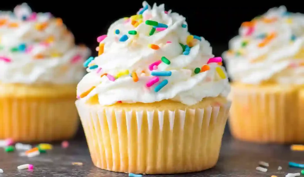 Close-up vanilla cupcake with white buttercream frosting and rainbow sprinkles on a dark background