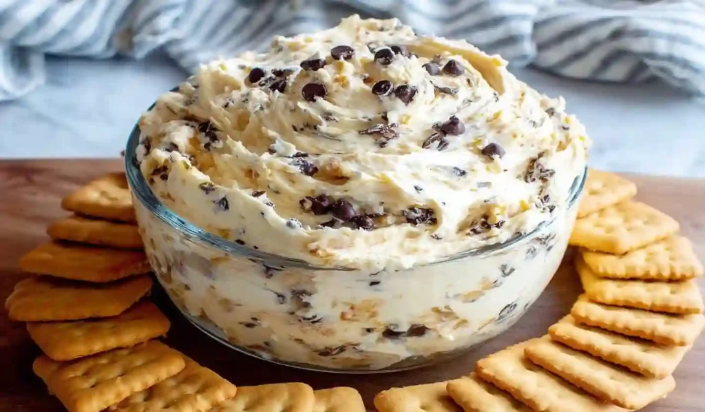 Extra close-up of creamy cookie dough dip with mini chocolate chips in a glass bowl, surrounded by graham crackers on a wooden surface