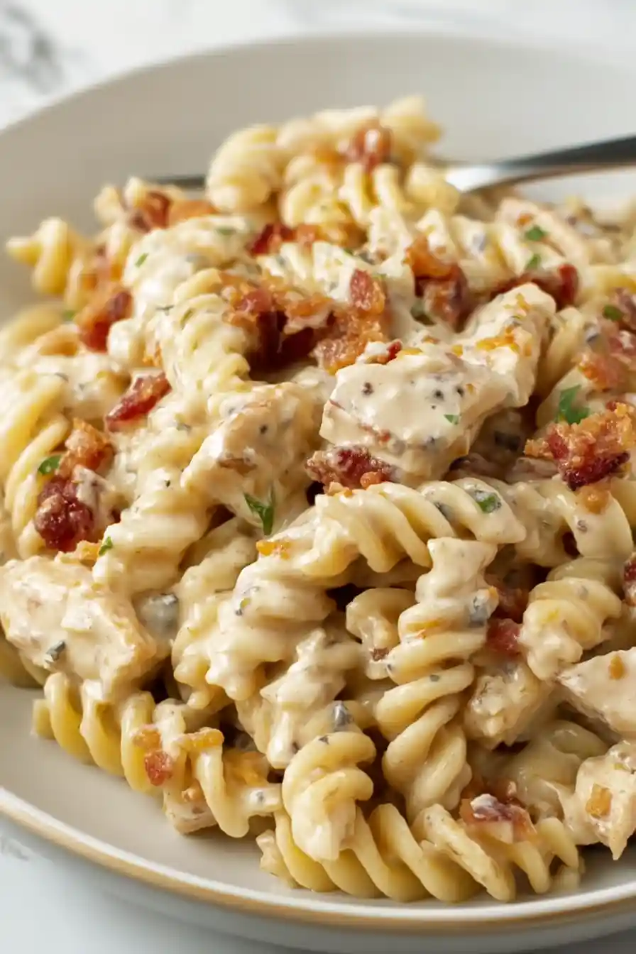 Vertical image of creamy chicken bacon ranch pasta with bacon and chicken pieces