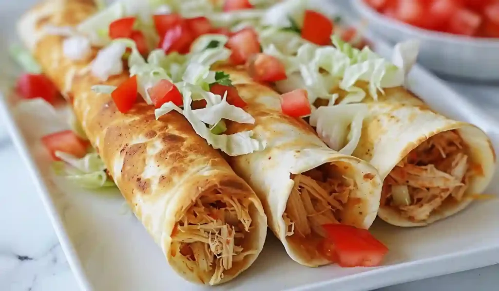 Crispy chicken flautas topped with shredded lettuce and diced tomatoes on a white plate