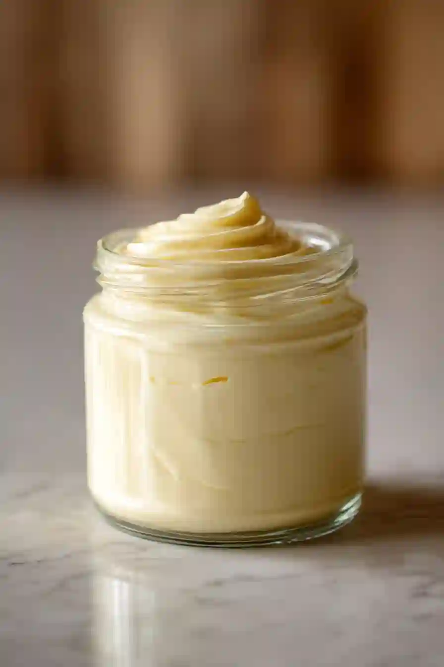 Homemade Mayonnaise - Silky & Nourishing at Home 2 Vertical close-up of creamy homemade mayonnaise in a glass jar with warm lighting