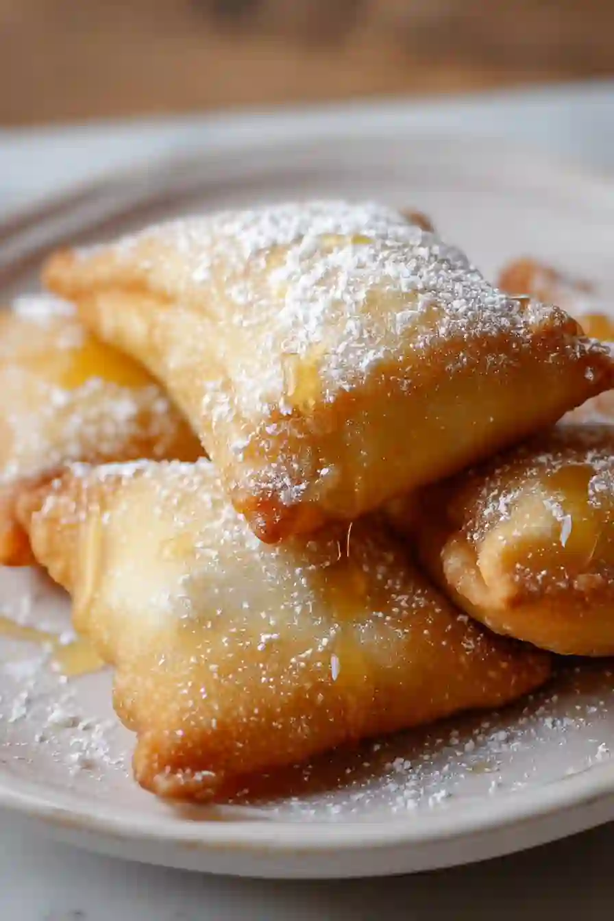 Vertical image of golden sopapillas with powdered sugar and honey drizzle