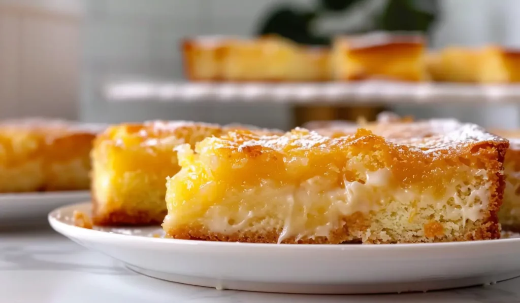 Close-up of French butter cake slices with golden top and buttery crumb on ceramic plates