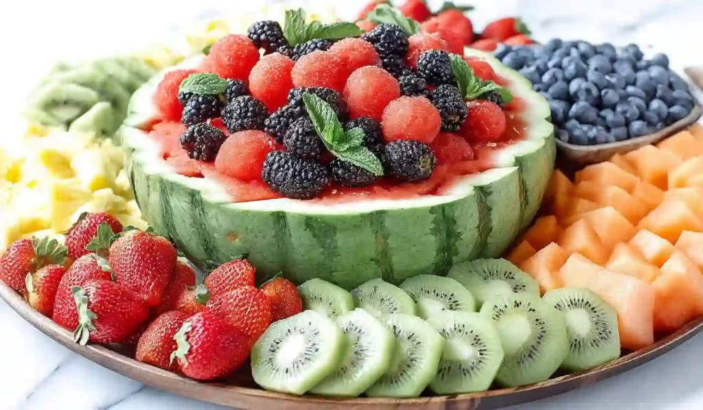 Fresh fruit platter with carved watermelon bowl filled with watermelon balls, berries, and mint, surrounded by sliced seasonal fruits
