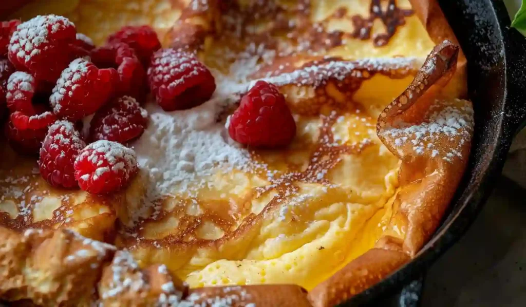Extra close-up German pancake baked in a cast iron skillet topped with strawberries and powdered sugar