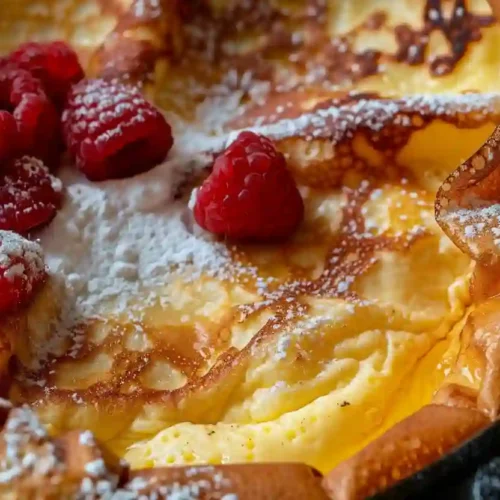 Cozy German Pancake for Slow Mornings and Busy Brunches 3 Extra close-up German pancake baked in a cast iron skillet topped with strawberries and powdered sugar