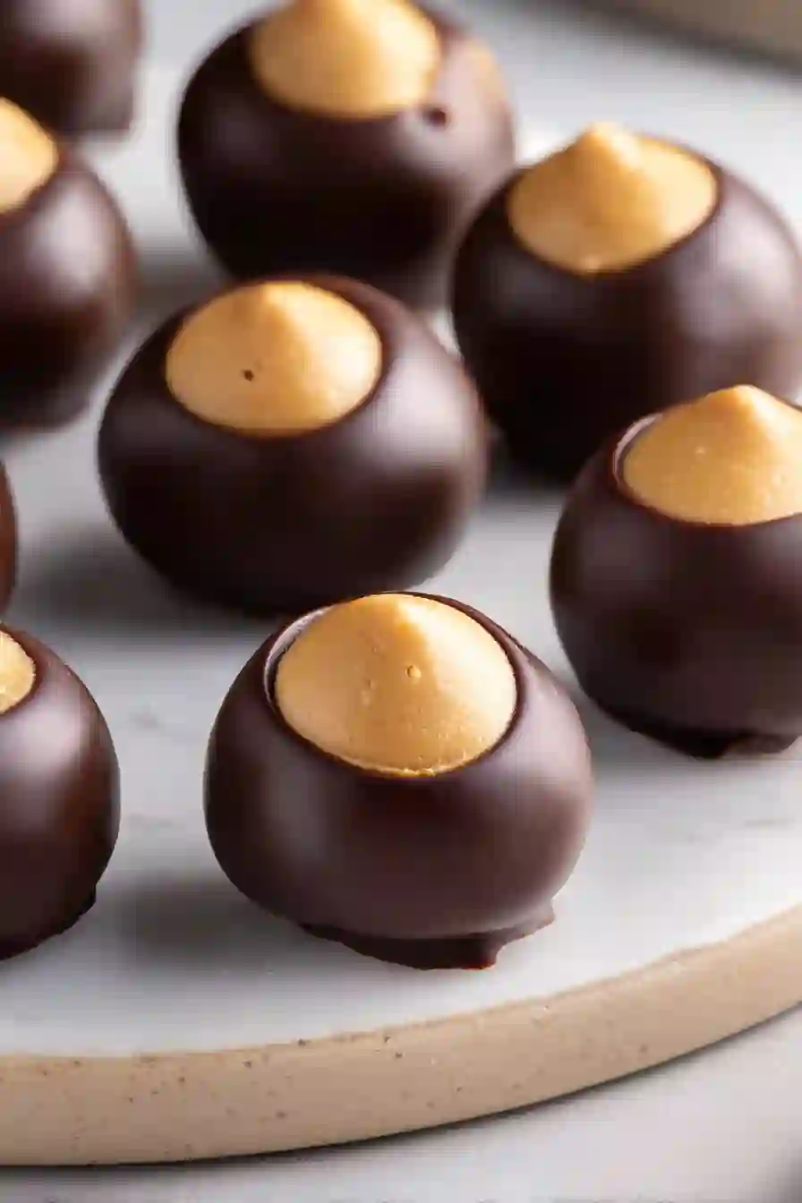 Vertical image of chocolate peanut butter buckeye candies with smooth chocolate coating and exposed centers