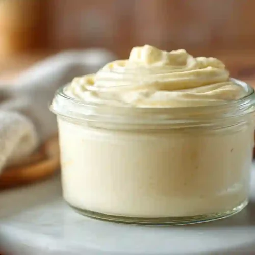 Homemade Mayonnaise - Silky & Nourishing at Home 3 Close-up of homemade mayonnaise in a glass jar with soft natural light and blurred kitchen background