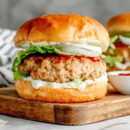 Close-up of a homemade turkey burger with lettuce, onion, ketchup, and mayonnaise on a brioche bun