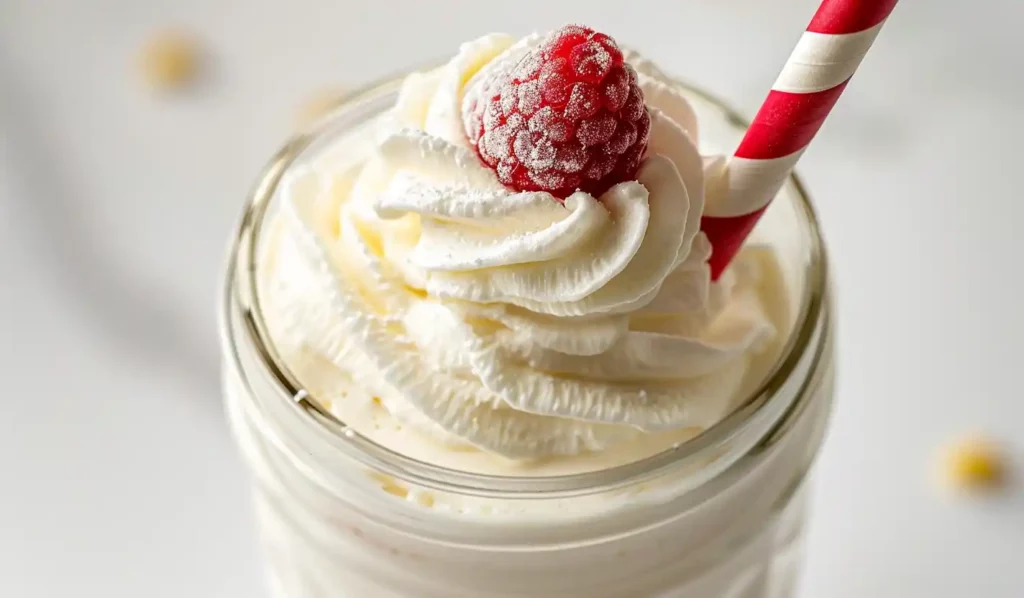 Creamy keto vanilla milkshake topped with whipped cream in a glass jar on a bright white background