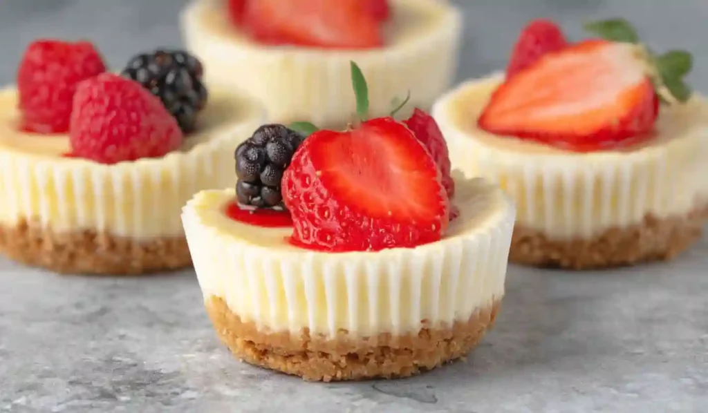 Mini cheesecake cupcakes topped with strawberry, raspberry, and blackberry on a gray surface