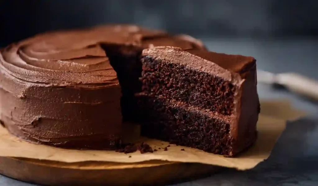 Mini chocolate cake with thick chocolate frosting and one slice cut out, shown in close-up