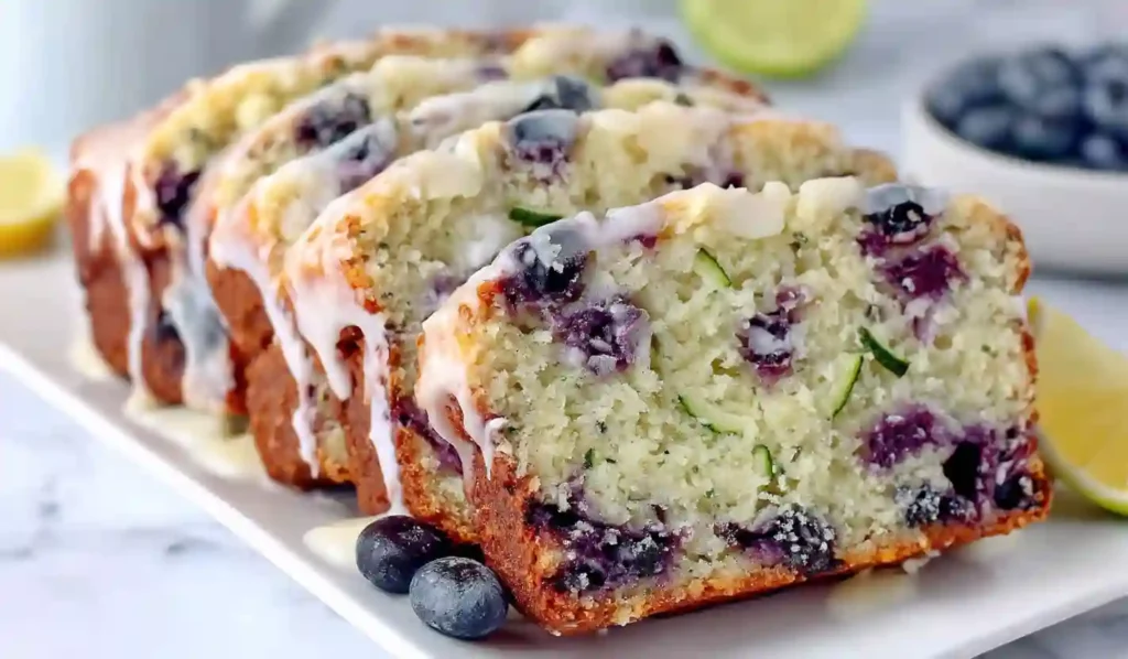 Moist blueberry zucchini bread loaf topped with lemon glaze, sliced to show blueberry-filled crumb