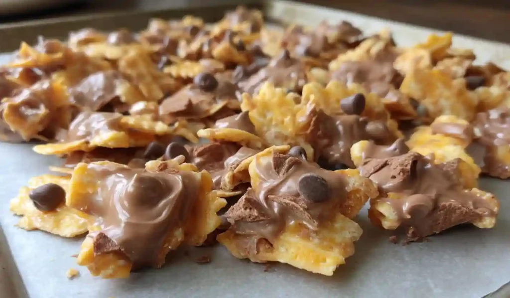 Close-up of peanut butter and chocolate coated Fritos clusters on a metal baking sheet