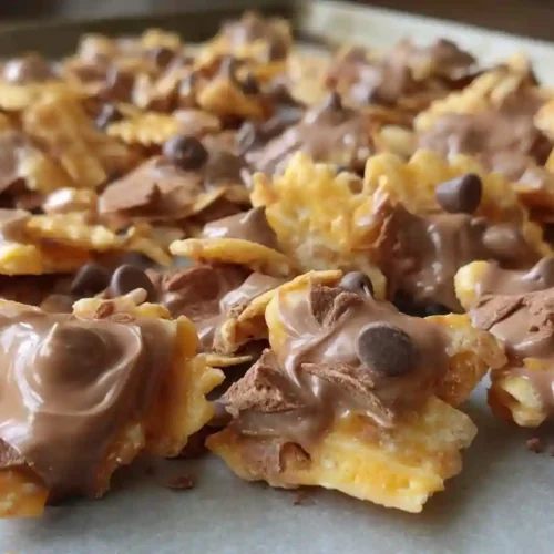 Peanut Butter Fritos A Cozy No-Bake Family Treat with Sweet-Salty Comfort 3 Close-up of peanut butter and chocolate coated Fritos clusters on a metal baking sheet