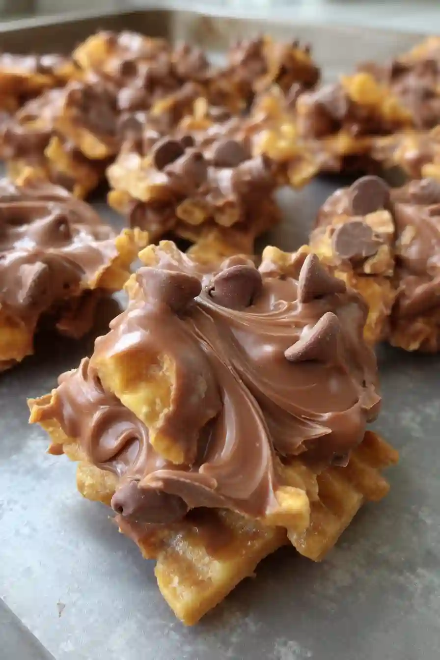 Peanut Butter Fritos A Cozy No-Bake Family Treat with Sweet-Salty Comfort 2 Vertical close-up of peanut butter chocolate Fritos clusters on baking sheet