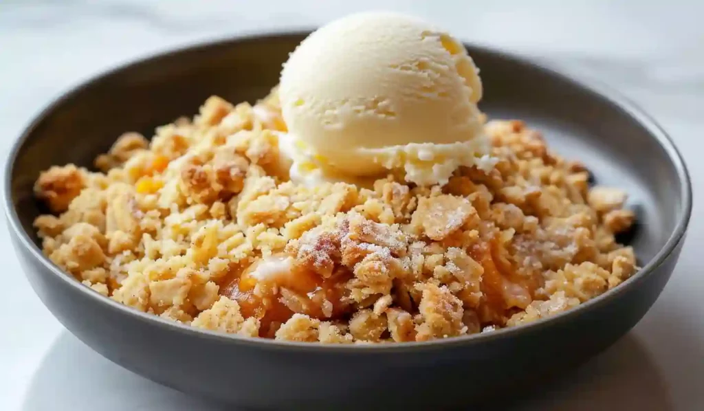 Pumpkin pie crisp topped with a scoop of vanilla ice cream in a dark bowl