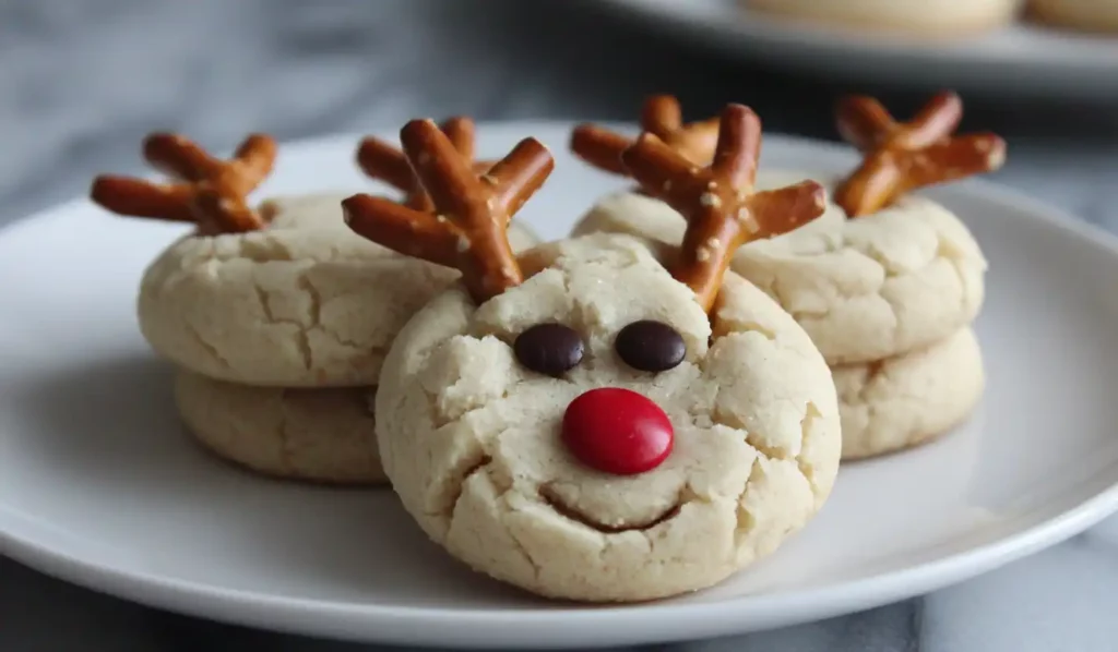 Homemade reindeer cookies decorated with pretzel antlers and red candy noses on a white plate