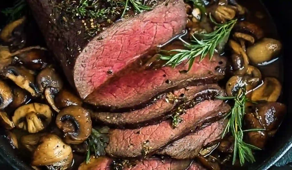 Extra close-up rosemary and garlic roast beef sliced medium-rare in a dark skillet with mushrooms and pan juices