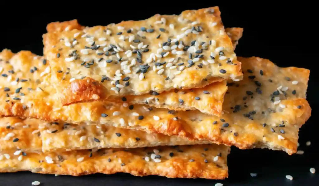 Extra close-up of a golden sourdough discard cracker topped with mixed seeds on a dark background