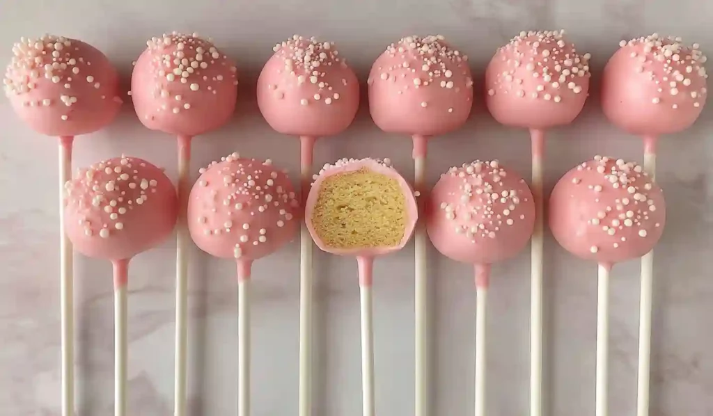 Pink Starbucks cake pops with white sprinkles arranged in a neat grid on a light textured background