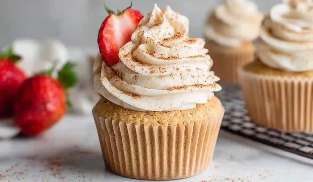 Close-up of a tres leches cupcake topped with whipped cream frosting, cinnamon dusting, and a fresh strawberry slice