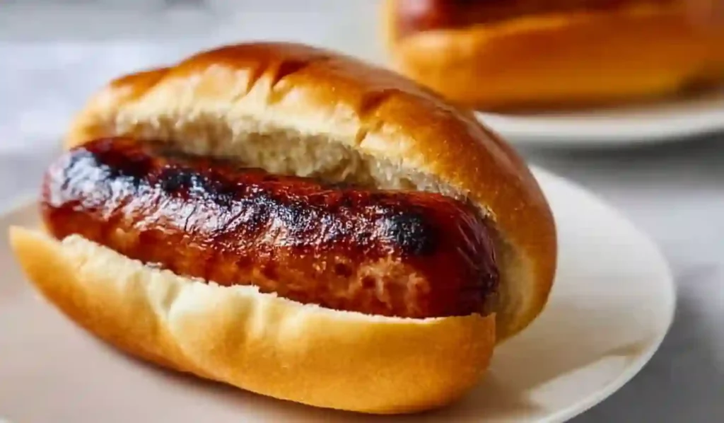 Air fried crispy hot dog served in a golden bun on a white plate