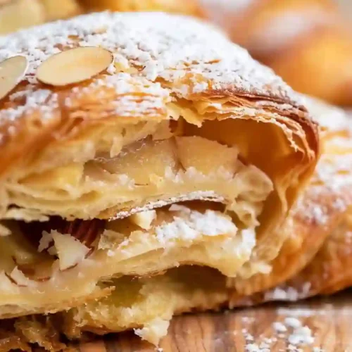 Close-up almond croissant filled with almond cream and dusted with powdered sugar