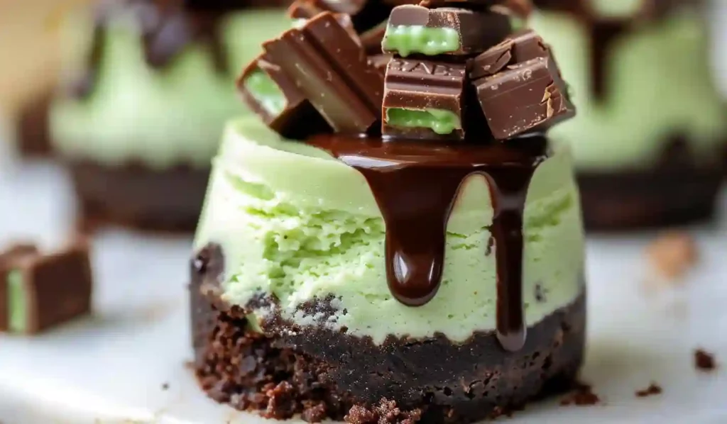 Close-up Andes mint mini cheesecake with glossy chocolate ganache and stacked mint chocolate pieces on top
