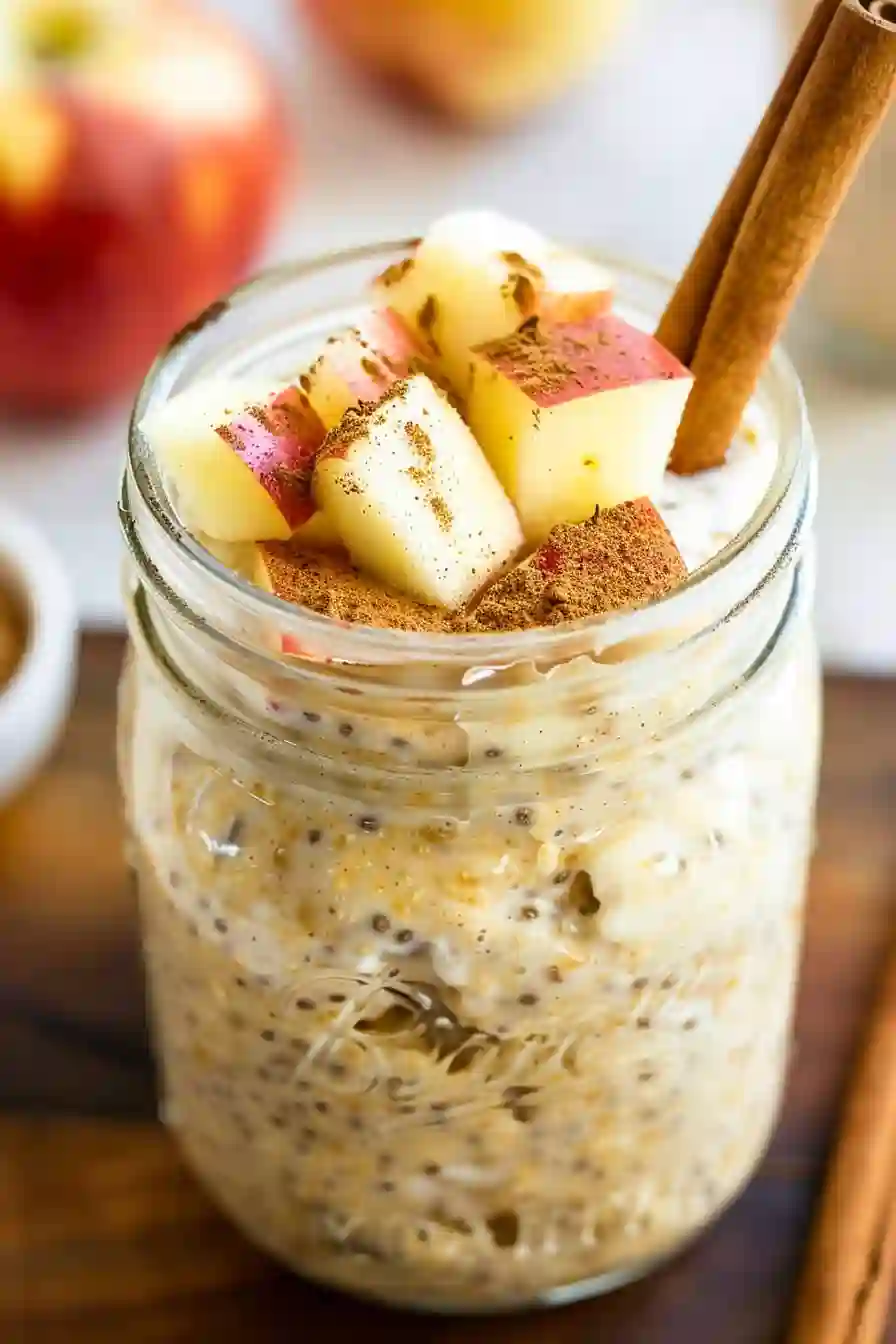 Vertical apple pie overnight oats in mason jar with apple topping and cinnamon sticks