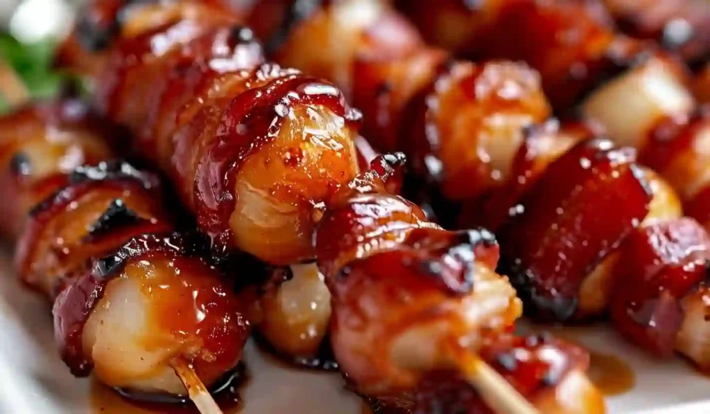 Extra close-up bacon wrapped water chestnuts coated in glossy sweet glaze