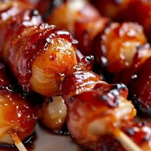 Extra close-up bacon wrapped water chestnuts coated in glossy sweet glaze