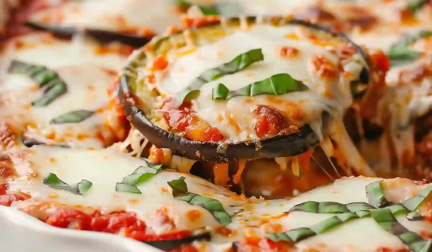 Close-up of baked eggplant parmesan with melted mozzarella cheese and basil