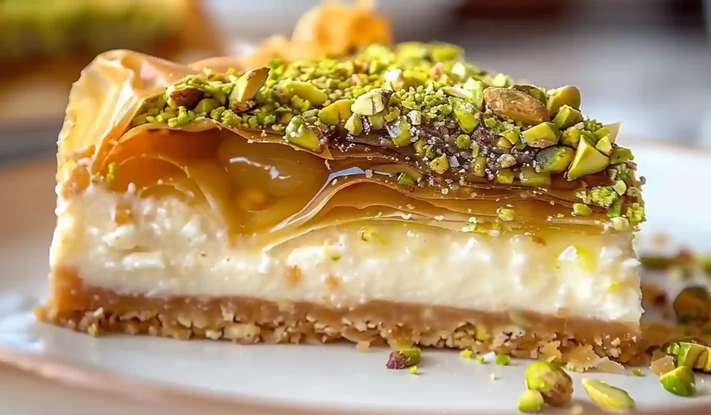 Extra close-up slice of baklava pistachio cheesecake with layered crust, creamy filling, pistachio topping and crisp phyllo