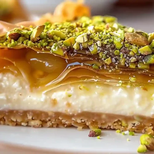 Extra close-up slice of baklava pistachio cheesecake with layered crust, creamy filling, pistachio topping and crisp phyllo