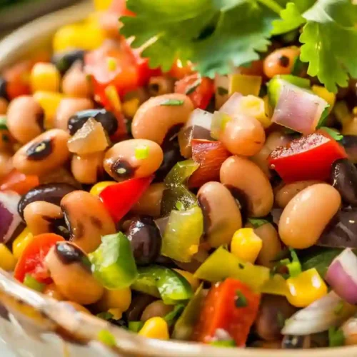 Close-up of Best Texas Caviar with black-eyed peas, corn, bell peppers, red onion, and cilantro in a rustic ceramic bowl